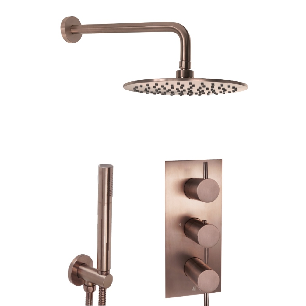 Product Cut out image of the JTP Vos Brushed Bronze 2 Outlet 3 Handle Shower Pack with Fixed Head & Handset
